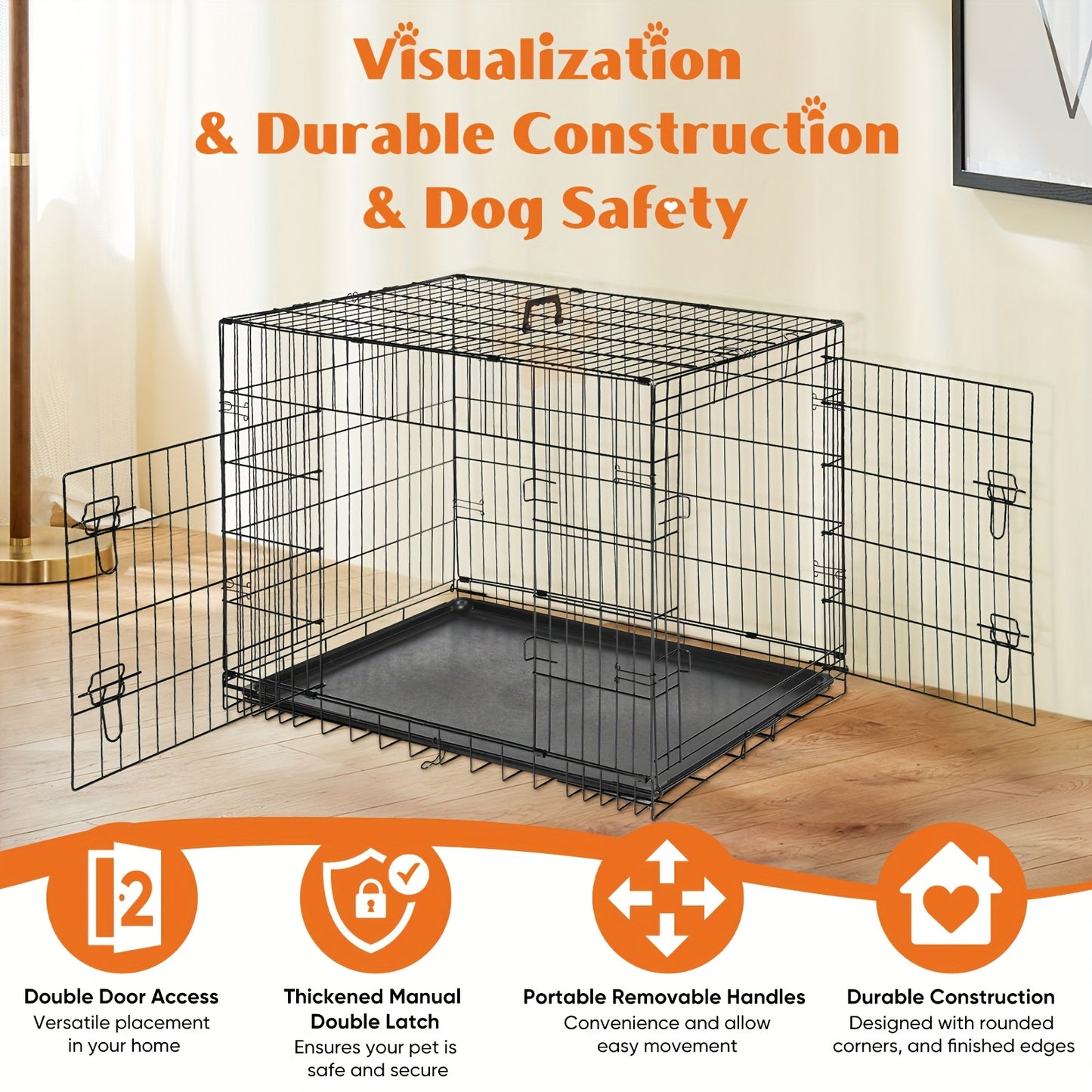 24/36/42/48-inch Pet Cage - Reinforced metal folding pet cage with dividers and removable tray. Portable dog crate suitable for indoor and outdoor use. Easy to carry and assemble on the go. An ideal choice for your pet cage n