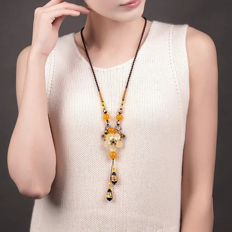 Women'S Retro Bohemian YShape Necklace Handmade Glass Flower and Agate Bead Pendant MultiStrand Long Chain Jewelry for Daily Wear Christmas and Valentine'S Gift YearRound Elegant Accessories Intricate Beadwork