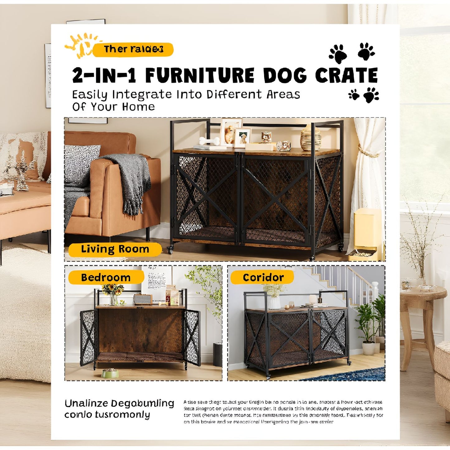 41" Heavy Duty Decorative Dog Cage | Lockable 360° Wheels, Double Door, Rustic Brown, Iron Material, Suitable for Small, Medium, Large Dogs