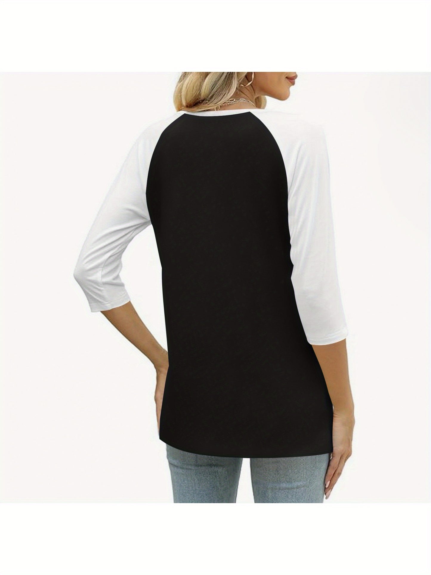 Womens Basic Casual Shirts Fashion Clothes Tops Button V-neck Three Quarter Sleeve 3/4 Sleeve Raglan T-shirt Loose Top