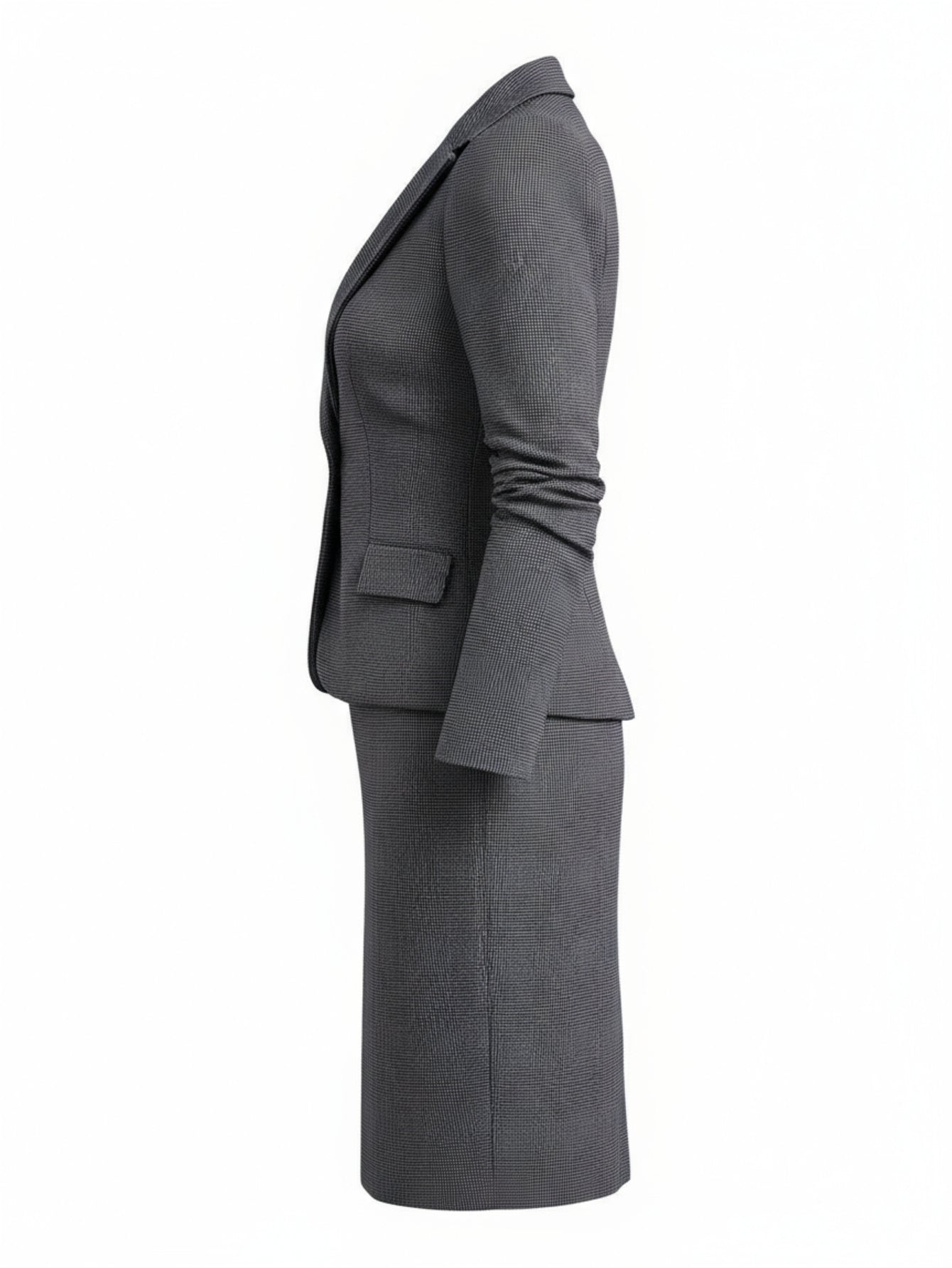 2pcs Set: Gray Houndstooth Collared Single-Breasted Short Blazer + Waist-Defining Pencil Midi Skirt Women'S Suit | Stylish, sharp retro design, perfect for the workplace and formal occasions, Professional Outfit, Business Att