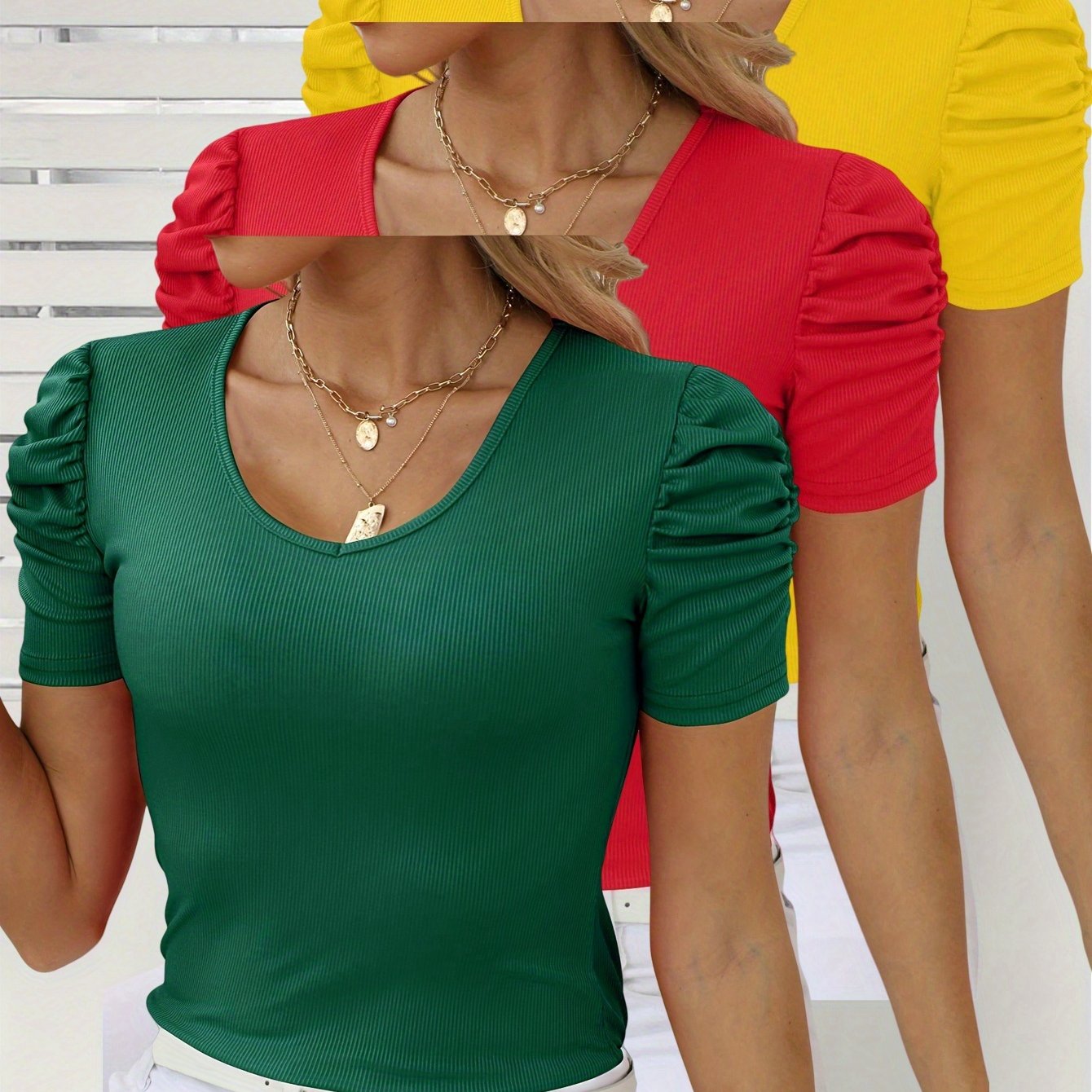 3pcs Women's Ribbed Crop Top Blouses - V-Neck Puff Short Sleeve Stretchy Slim Fit Tees, Solid Color Textured Shirts Suitable for Spring Summer Daily Wear & Dressy Outfits