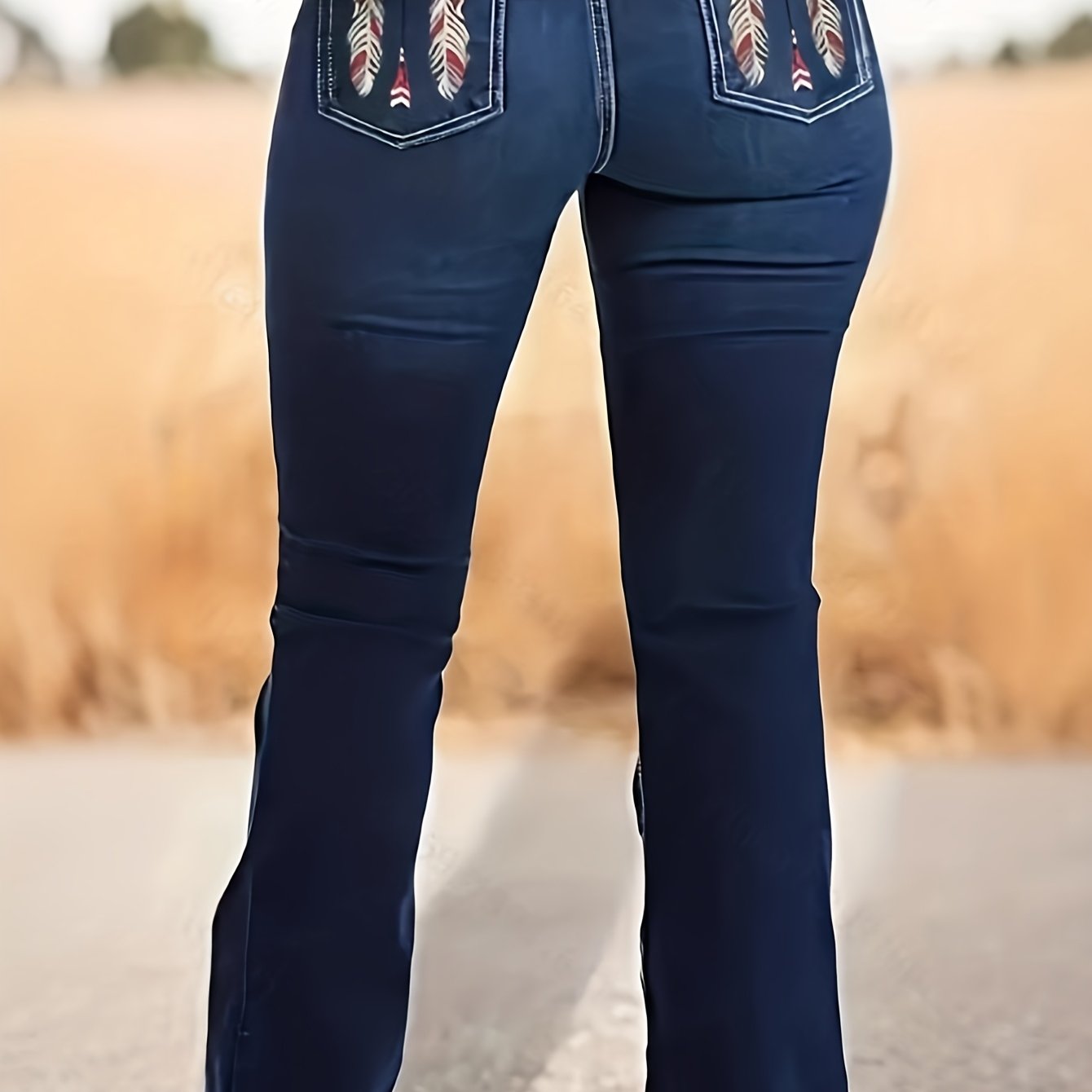 Women's Vintage -Embroidered Stretch Bell-Bottom Jeans - Slim-Fit Bootcut Dark Wash Denim Pants, Elegant Retro Style for all-Season Wear, Casual & Dressy Outfits