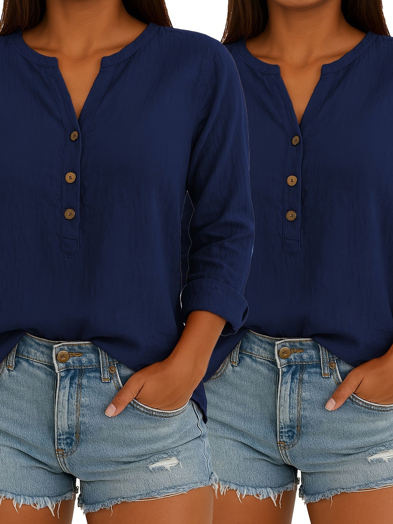 2/3pcs Ladies Elegant Linen Blend Short Sleeve V-Neck Shirt Four Seasons Can Wear