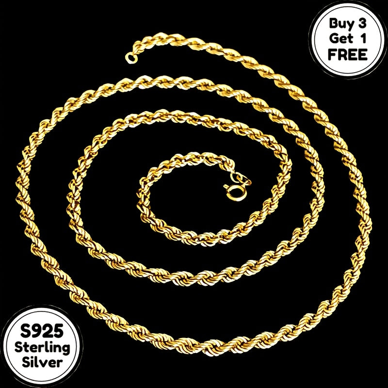 S925 Sterling Silvery 24k Gold Plated 4mm Twist Necklace, The Ideal Gift for Men, Women, Wives, Girlfriends, Mothers And Daughters On Anniversaries, Birthdays And Special Occasions (buy 3 Get 1 Free)
