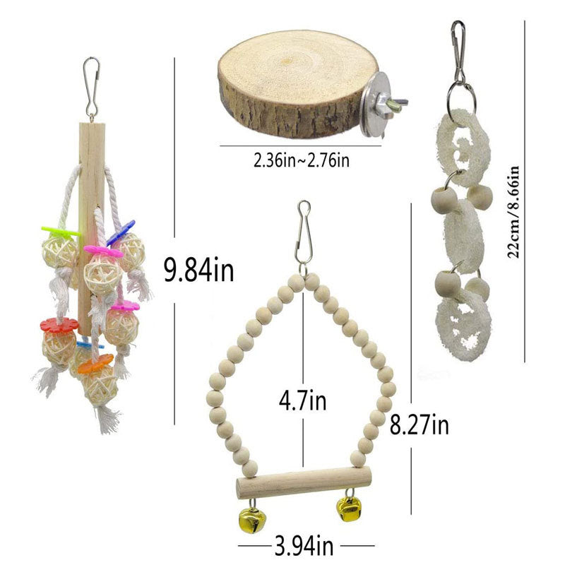 8pcs Wood Bird Toys with Swing, Bell & Chewable Parts - Interactive Bird Cage Suitable for Small Parrots and Birds - Promotes Exercise, Mental Stimulation & Beak