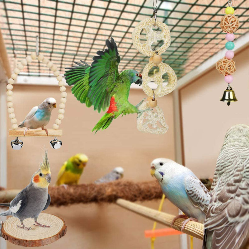 8pcs Wood Bird Toys with Swing, Bell & Chewable Parts - Interactive Bird Cage Suitable for Small Parrots and Birds - Promotes Exercise, Mental Stimulation & Beak