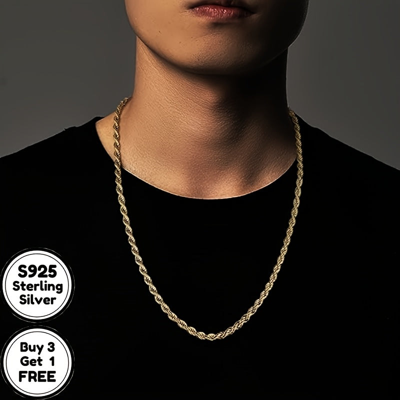 Handmade S925 Sterling Silvery 24K Gold Plated 4mm Twist Chain Necklace, Suitable for Men's And Women's Necklaces, Suitable for Men, Wives, Girlfriends, Mothers, Daughters' Anniversaries, Birthdays, Various Holidays, Special