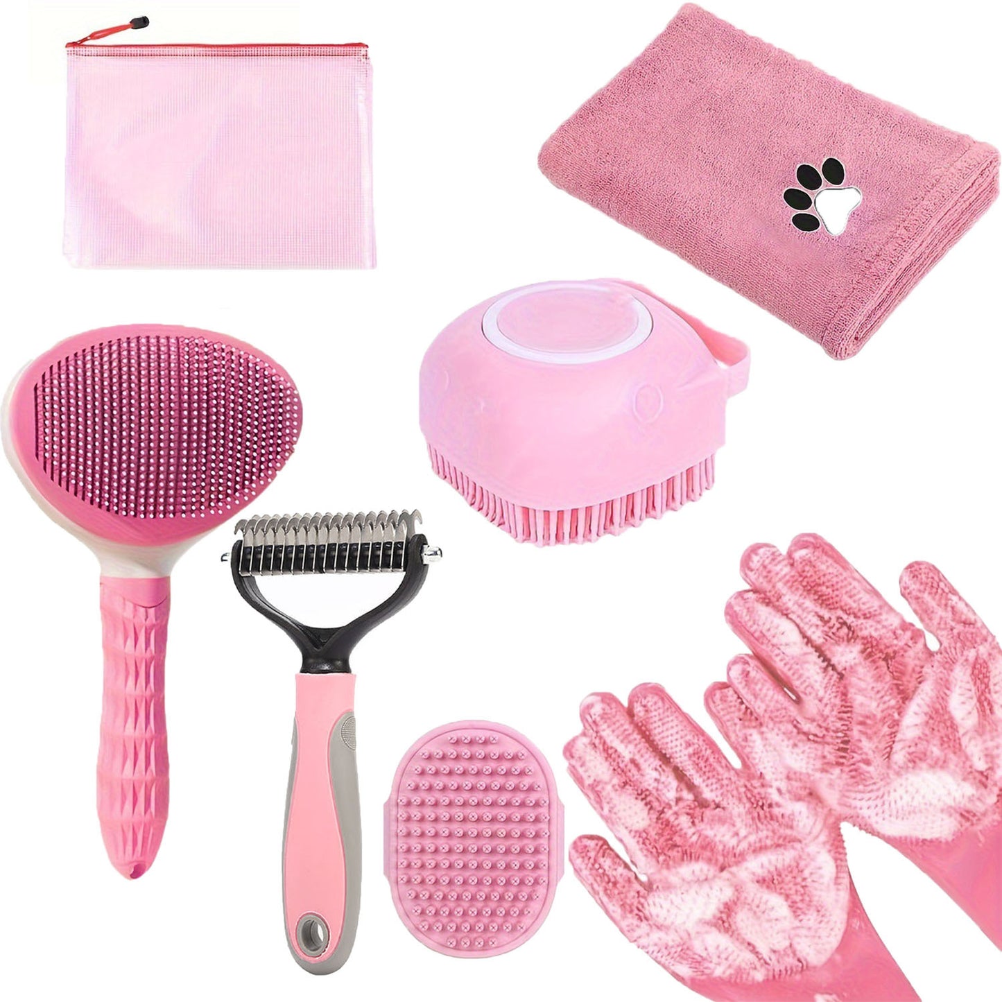 7pcs Dog Grooming Kit: Shedding Control Bath Brush, Double Sided Undercoat Rake, Towel Tool, & Washing Gloves For A Shiny Coat Ideal For Hair Control & Bathing Pets