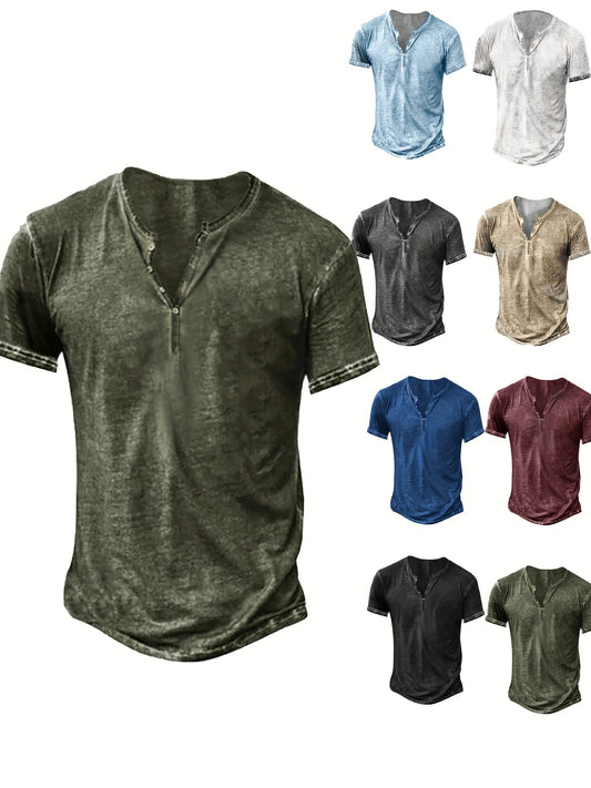 Mens Distressed Henley Short Sleeve Shirt Button Front Slim Fit Cotton Casual Shirt
