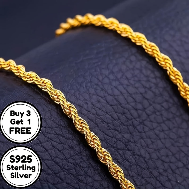 Handmade S925 Sterling Silvery 24K Gold Plated 4mm Twist Chain Necklace, Suitable for Men's And Women's Necklaces, Suitable for Men, Wives, Girlfriends, Mothers, Daughters' Anniversaries, Birthdays, Various Holidays, Special