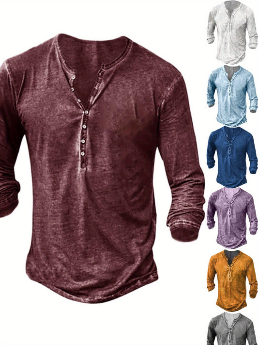 Men's Vintage Casual Washed Henley Shirt With Front Placket And Long Sleeve Cotton