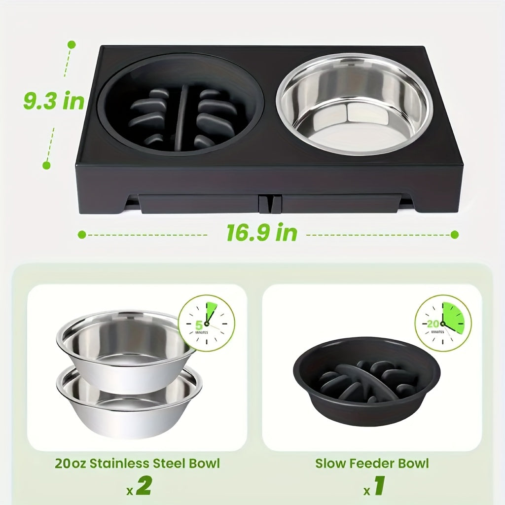 5 Height Adjustable Raised Dog Bowls, Collapsible Raised Dog Bowl Stand with Slow Food Bowl And Stainless Steel Dog Food Bowl for Small, Medium, And Large Dogs And Cats