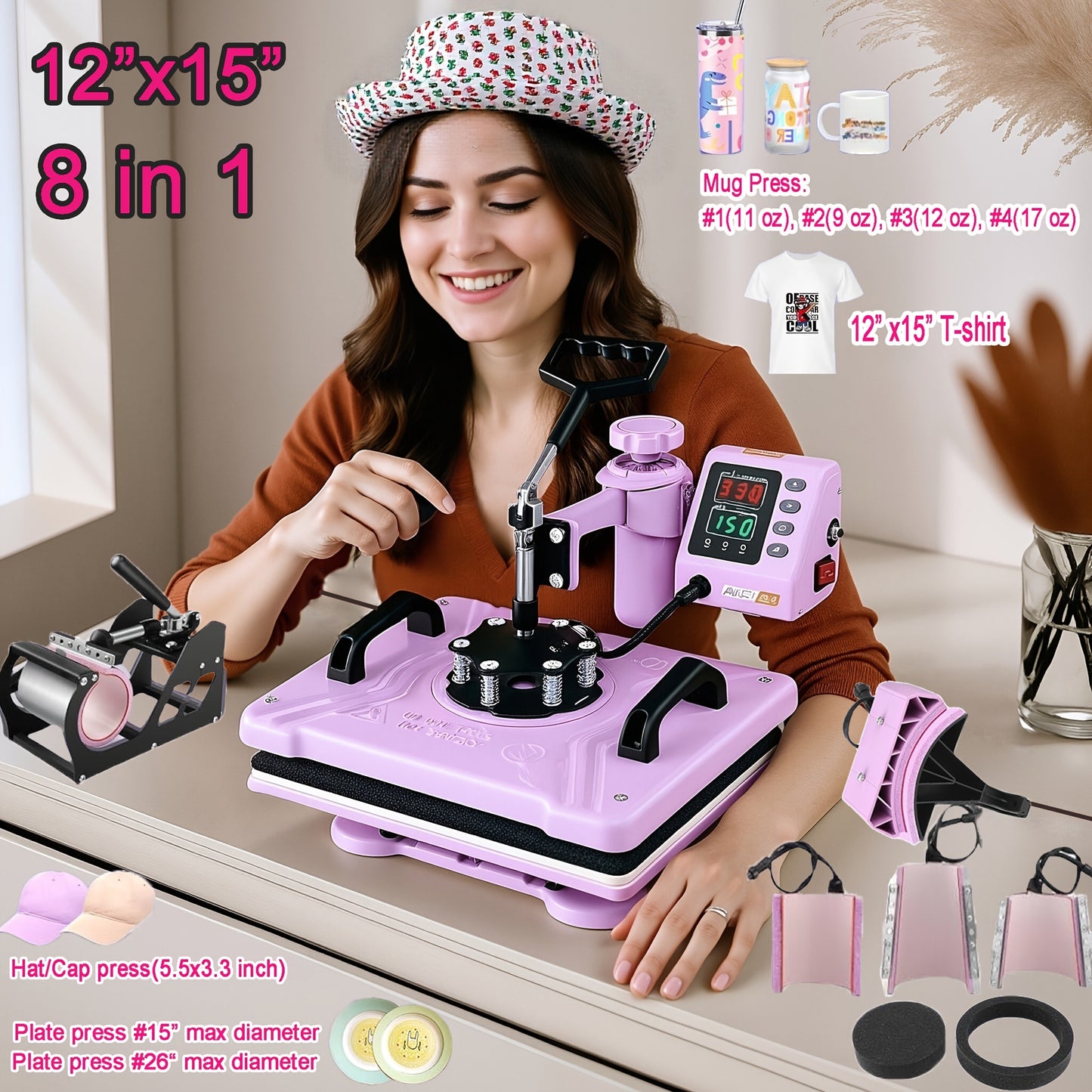 15"x15"/15"x12" 8-in-1/ 5-in-1 Heat Press Machine for T-Shirts, Bags, Pillows, Hats, Caps, Tumblers - 12"x10" T-Shirt Machine Can Only Press T Shirts, Pillows And Bags - HOMDOX Professional Sublimation Combo with Swing Away D