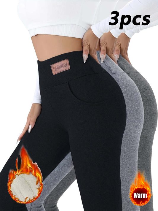 Three Pack Womens High Waisted Plush Lined Leggings With Pockets