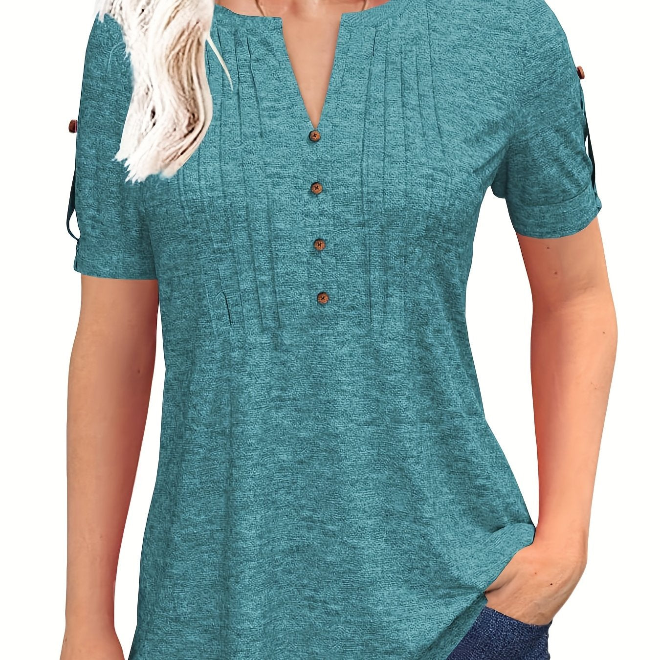 Women'S Zipper Summer Pleated Button Short Sleeve T-Shirt Summer V-Neck Solid Color Casual Top