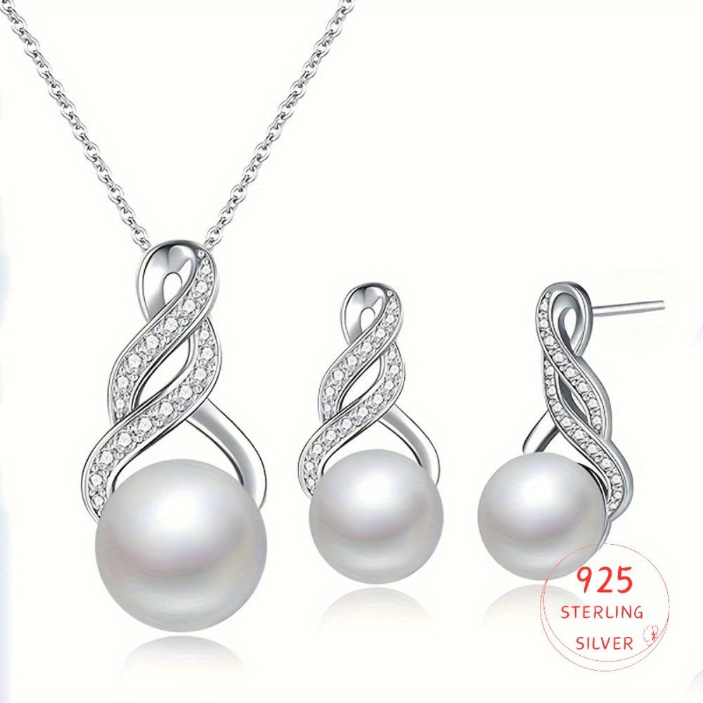 S925 Sterling Silvery Necklace and Earrings Set | Set with Synthetic Zirconia and Non-Allergenic Genuine Freshwater Pearl Jewelry, Equipped with a 18-Inch Silvery Chain | Women'S Bridal Groomsmen Set