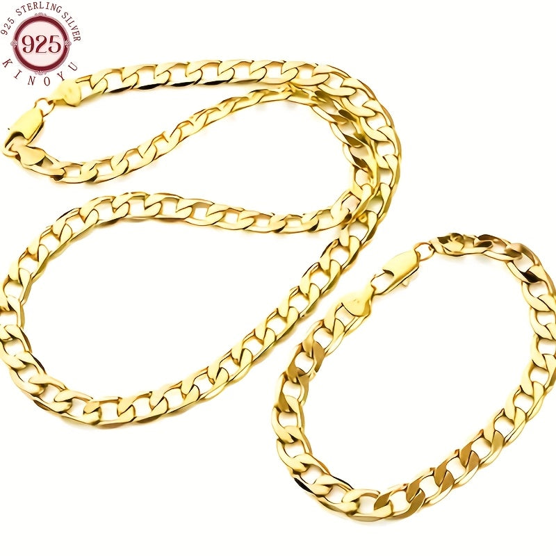 925 Sterling Silvery, Jewelry- 6mm Wide- Cuban Chain Necklace+ Bracelet Set- Fashion Jewelry for Men and Women- Classic Chain- Daily Wear- Party Wear- Independence Day Gift- Graduation Gift- Birthday Gift