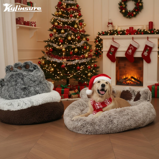 Cute Bear Paw Shaped Dog Bed and Cat Bed, Warm and Comfortable Soft Plush Donut Round Mattress, with Pet Scarf, Give Your Baby a Warm and Comfortable Mattress