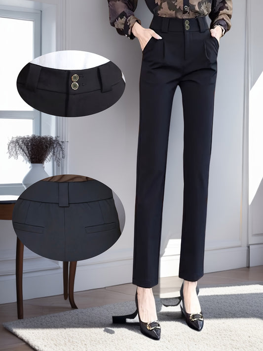 Women's High-Waist Straight-Leg Cigarette Pants - Elastic Waistband with Double Button & Zipper Closure, Stretchy Four-Season Work Trousers, Machine Washable Black Office Pants for Professional & Casual Wear, Sophisticated Lo