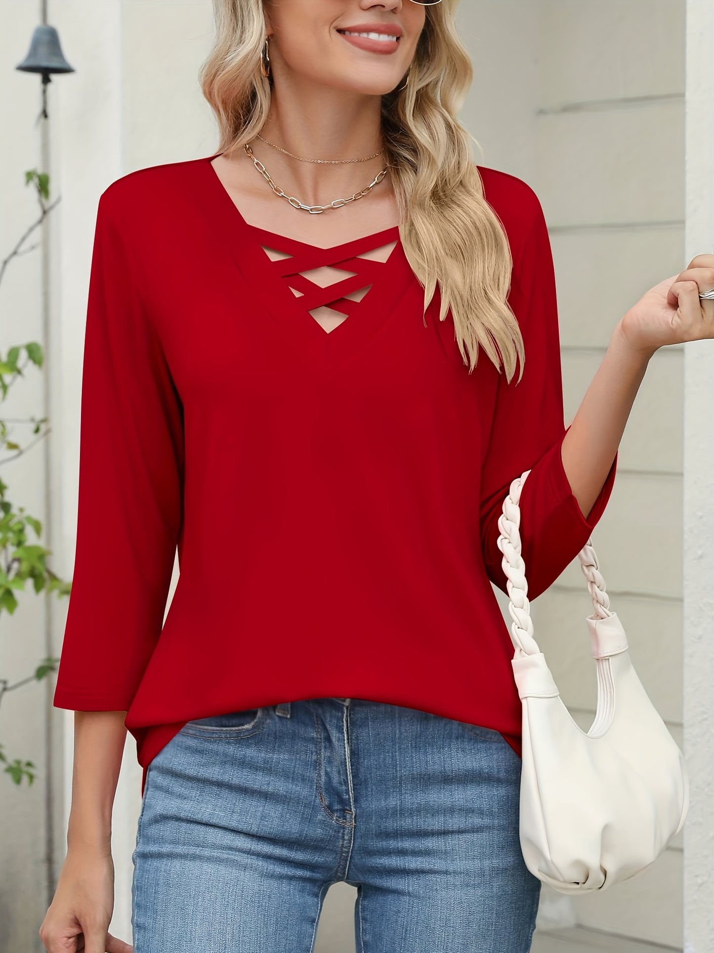[Solid Color Crossover Shirt] Casual & Office Solid Color Women's 3/4 Sleeve V-Neck Crossover Shirt - Fall Top