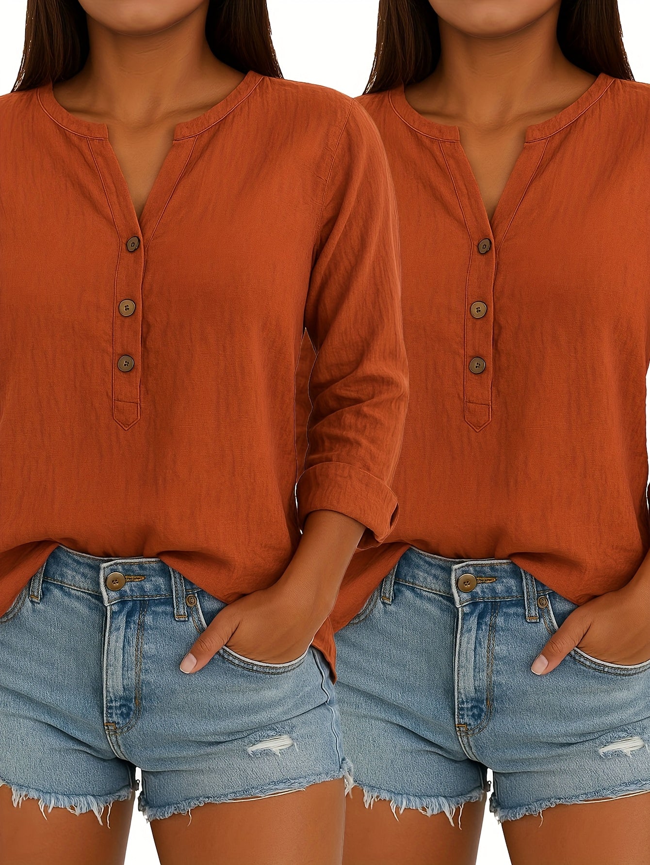 2/3pcs Ladies Elegant Linen Blend Short Sleeve V-Neck Shirt Four Seasons Can Wear