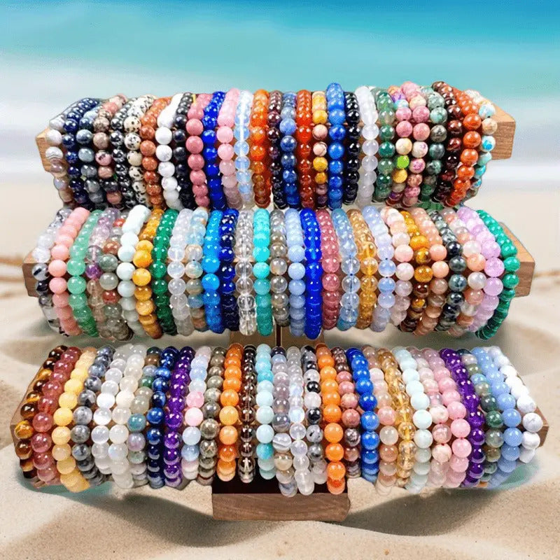 49pcs Handmade Stone Bead Bracelet- Multiple Colors Available, 8mm Elastic Beaded, Exquisite Style Valentine's Day Suitable