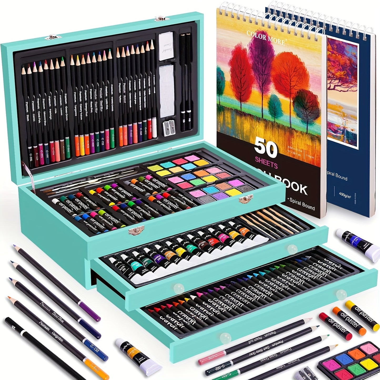 PASAMIC Deluxe Art Set With Drawing Pads Pencils Crayons Paints