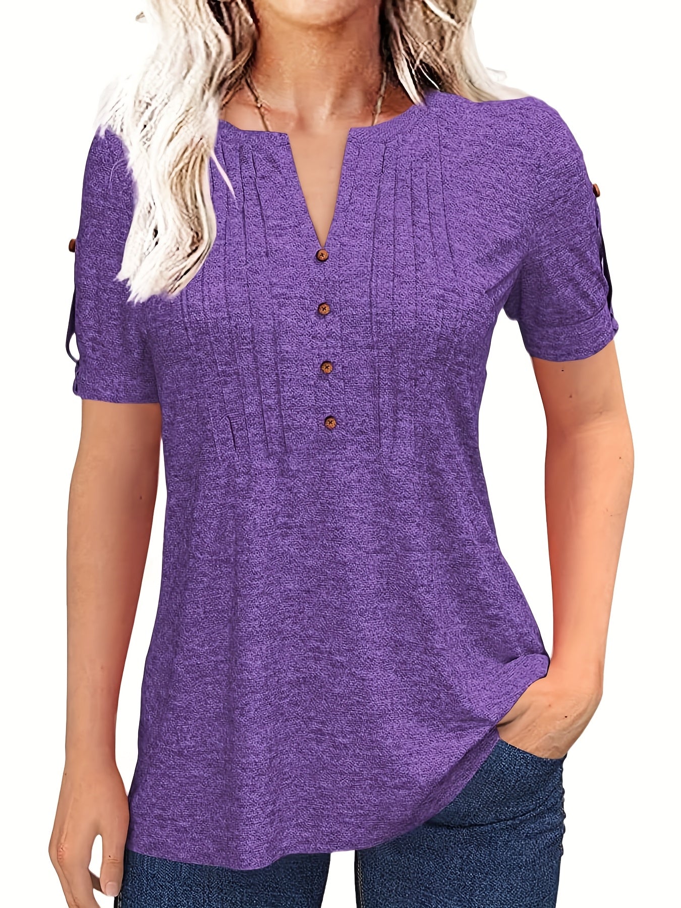 Women'S Zipper Summer Pleated Button Short Sleeve T-Shirt Summer V-Neck Solid Color Casual Top
