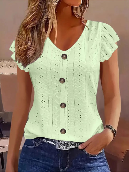 [Elegant Ruffled Top] Elegant Women's V-Neck Ruffled Short Sleeve Top | Eyelet Embroidered Jacquard T-Shirt with Decorative Buttons, Casual Spring & Summer Clothing