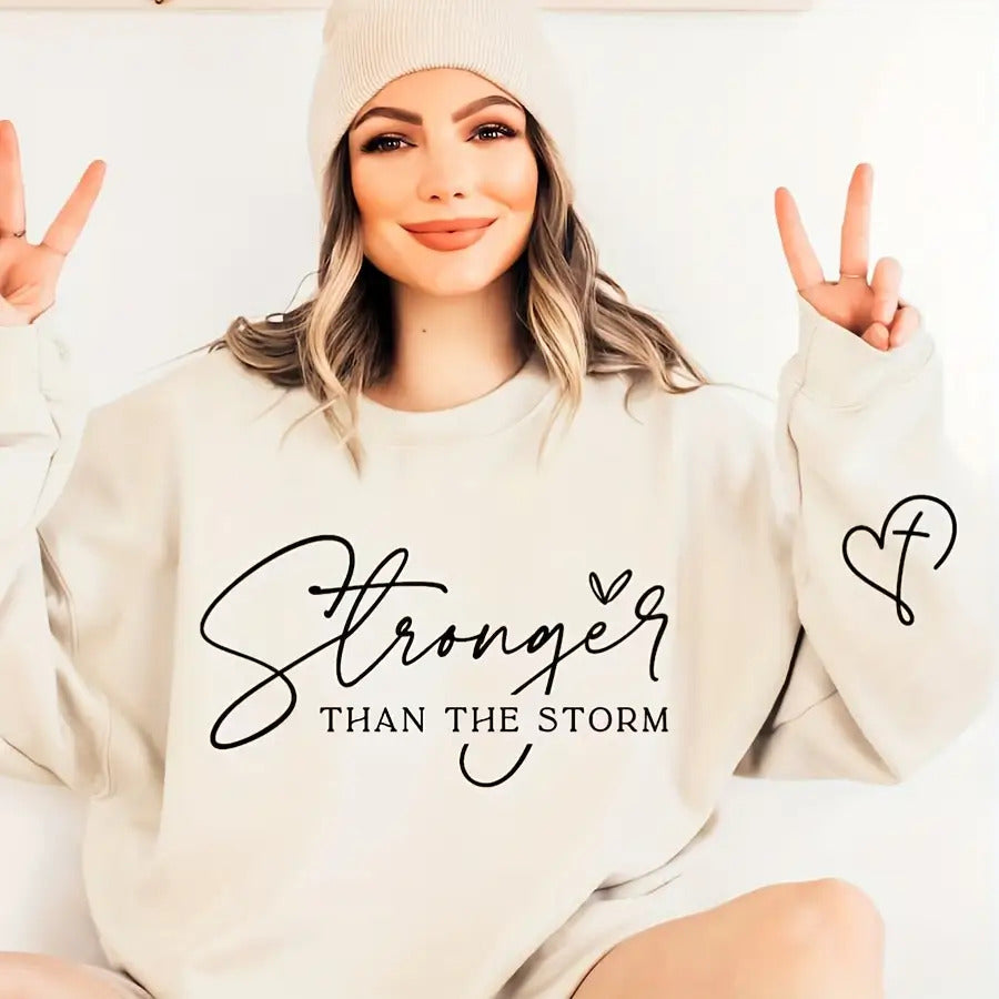 You Are Stronger Than The Storm Iron-On Transfer Stickers - 10 Inch Large Black Vinyl Patches with Elegant Cursive Lettering & Heart Design, Faith-Inspired Christian Symbolism for T-Shirts, Hoodies, Bags, Fabric Crafts - Easy