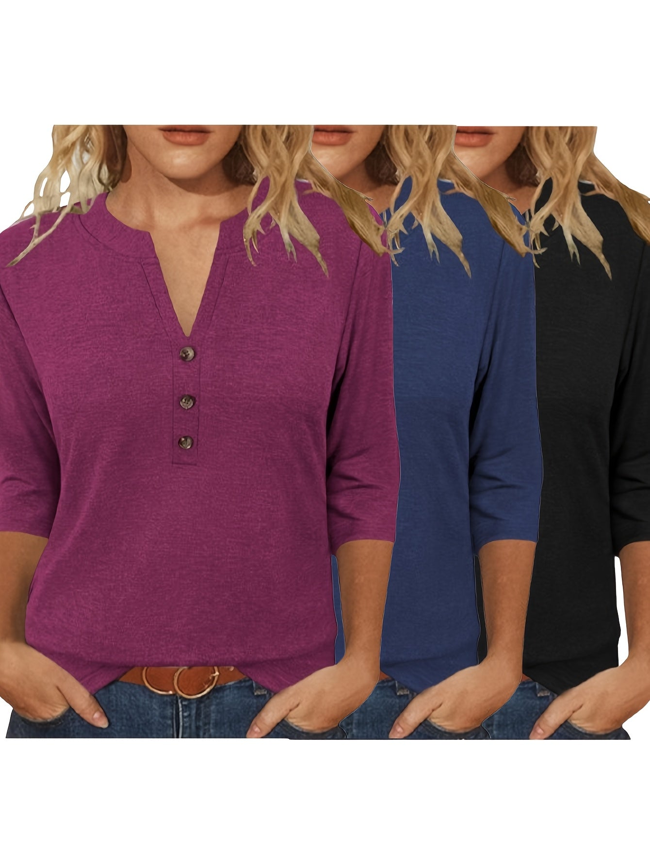 3/4 Sleeve • Casual Fashion • Women's Spring/Summer Three-Piece V-Neck Button-Blouse Quarter Sleeve T-Shirt