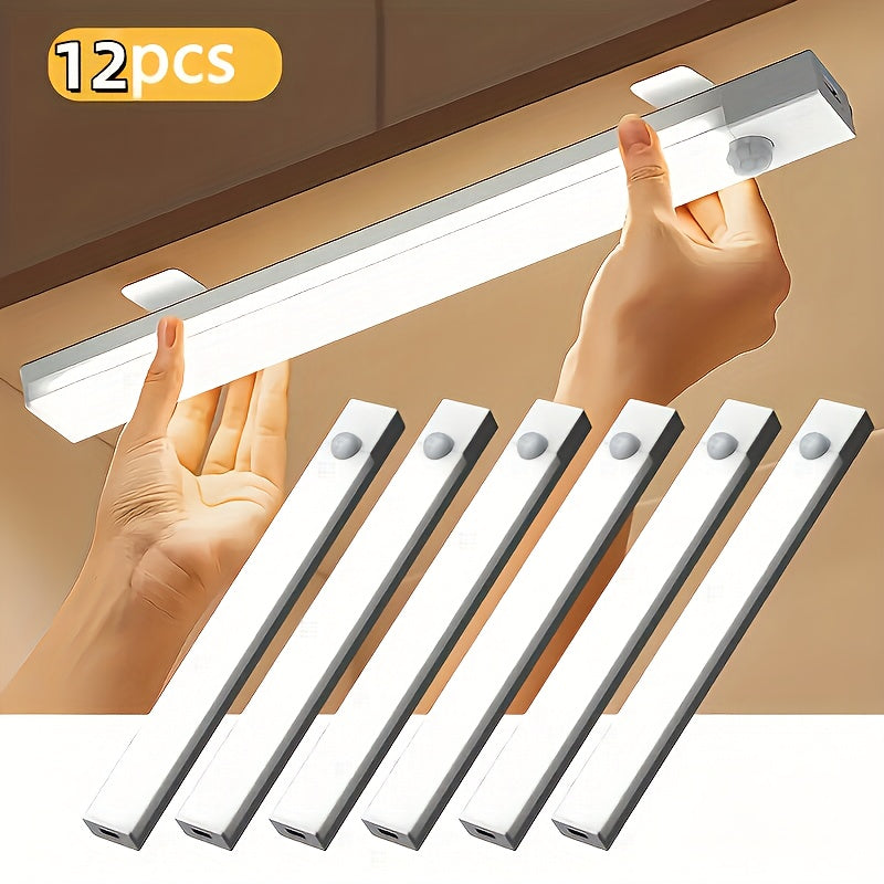 12pcs LED Motion Sensor - Dimmable Cabinet Light, USB Charging Cabinet Bottom Light, 3 Adjustable Modes, Night Light, Suitable for Bedrooms, Stairs, Kitchen Office Supplies, Bedside Reading Light