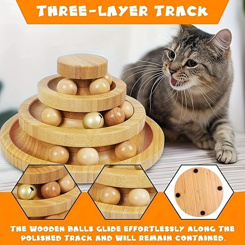 Three Layer Bamboo Wood Interactive Cat Ball Track With Nine Detachable Balls And Teasing Stick DIY Circle Toys
