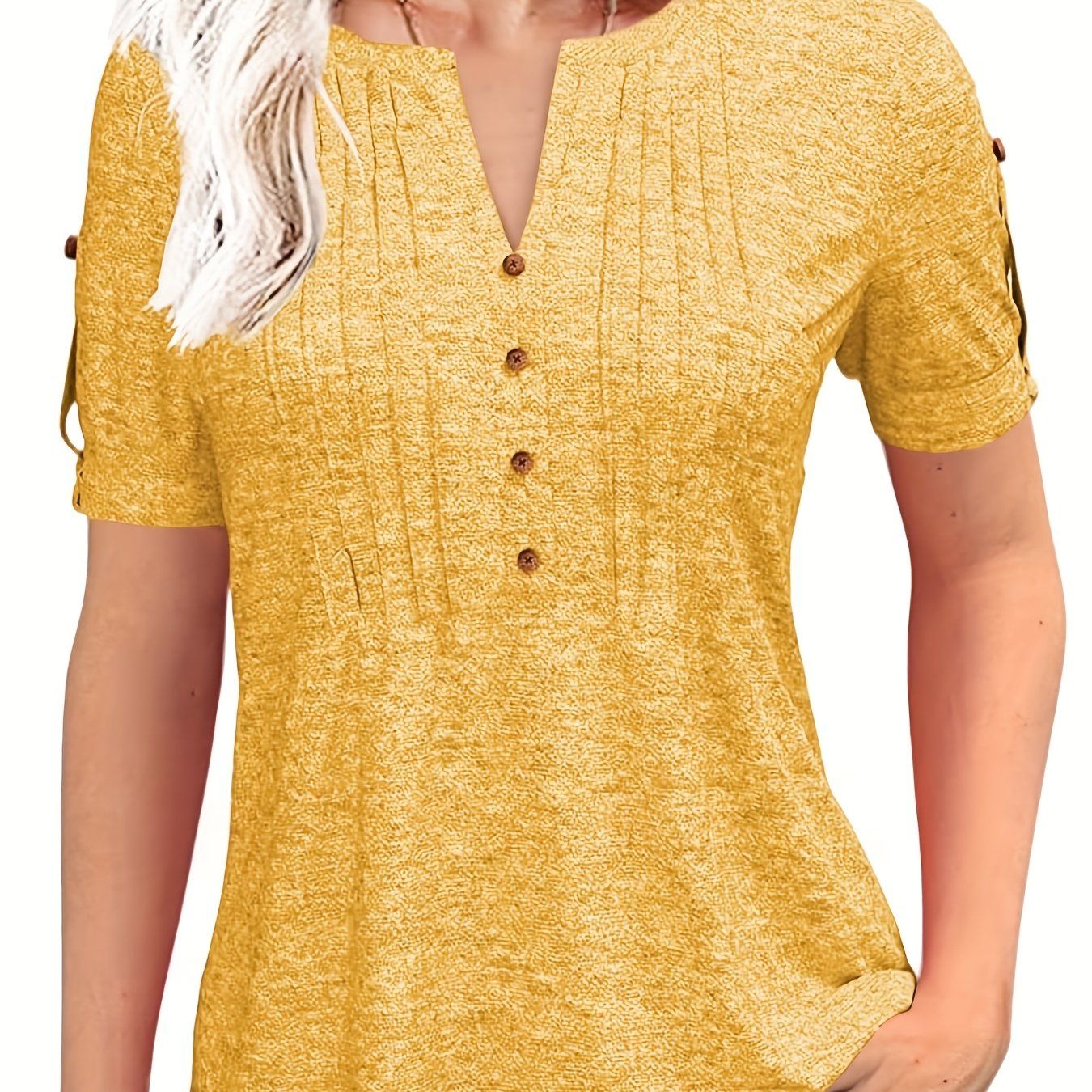 Women'S Zipper Summer Pleated Button Short Sleeve T-Shirt Summer V-Neck Solid Color Casual Top