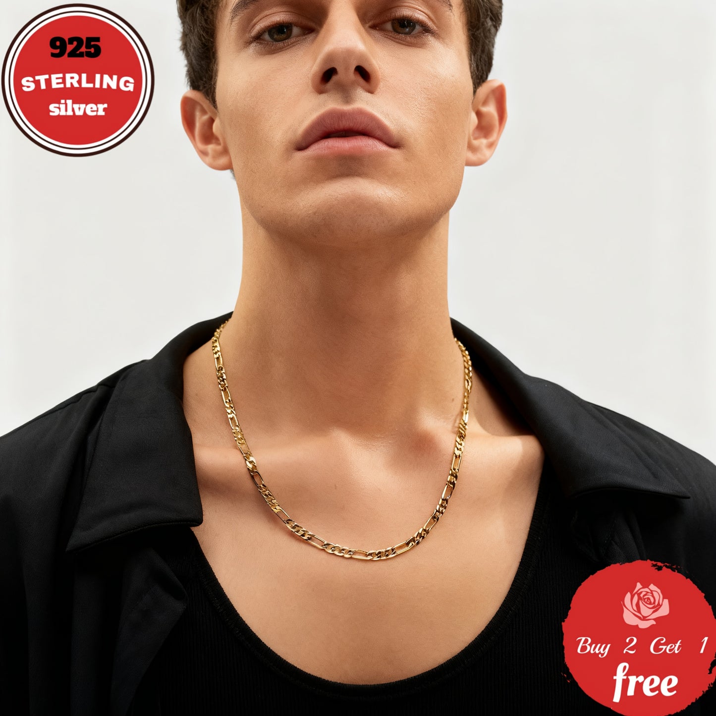 925 Sterling Silvery 6mm Figaro Necklace, Plated with 24K gold plated, Suitable for Daily Wear And Gifting. Christmas-themed, All-season Jewelry, Unisex, Comes with A Gift Box, A Perfect Gift for Your Boyfriend Or Girlfriend,