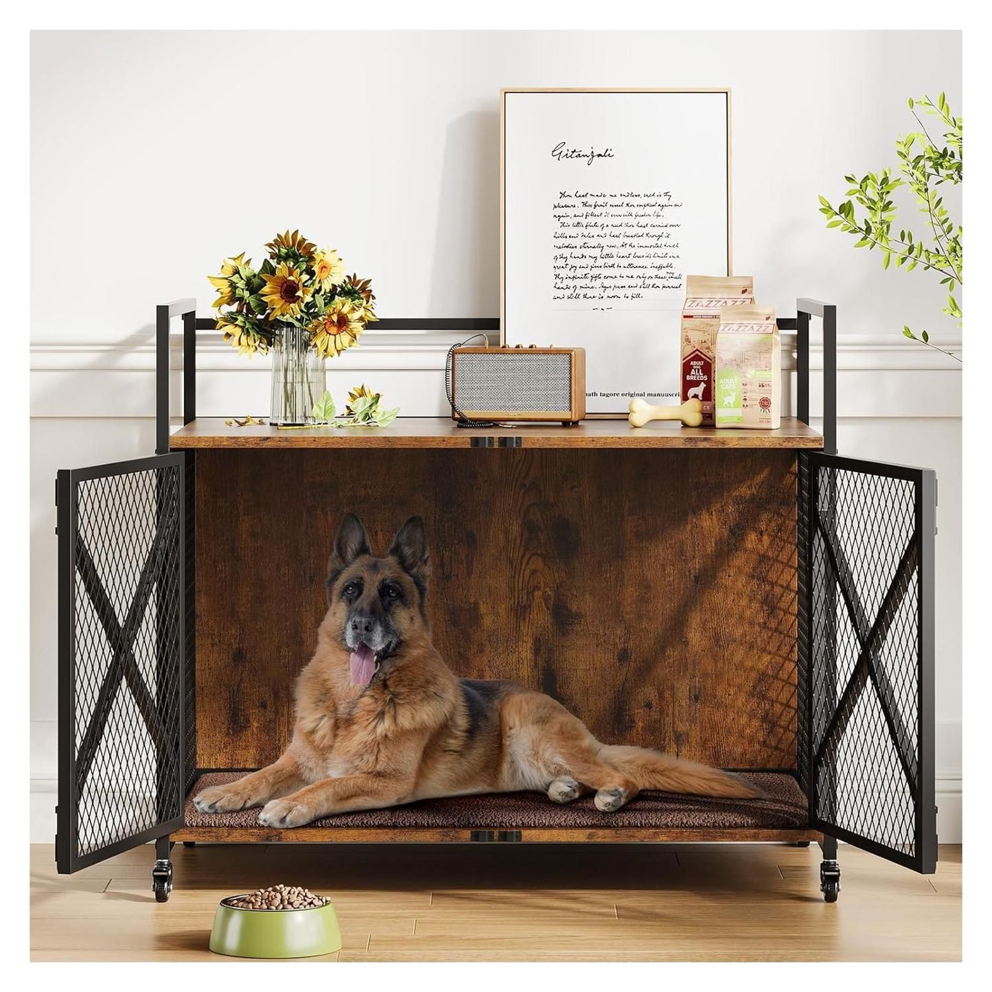 41" Heavy Duty Decorative Dog Cage | Lockable 360° Wheels, Double Door, Rustic Brown, Iron Material, Suitable for Small, Medium, Large Dogs