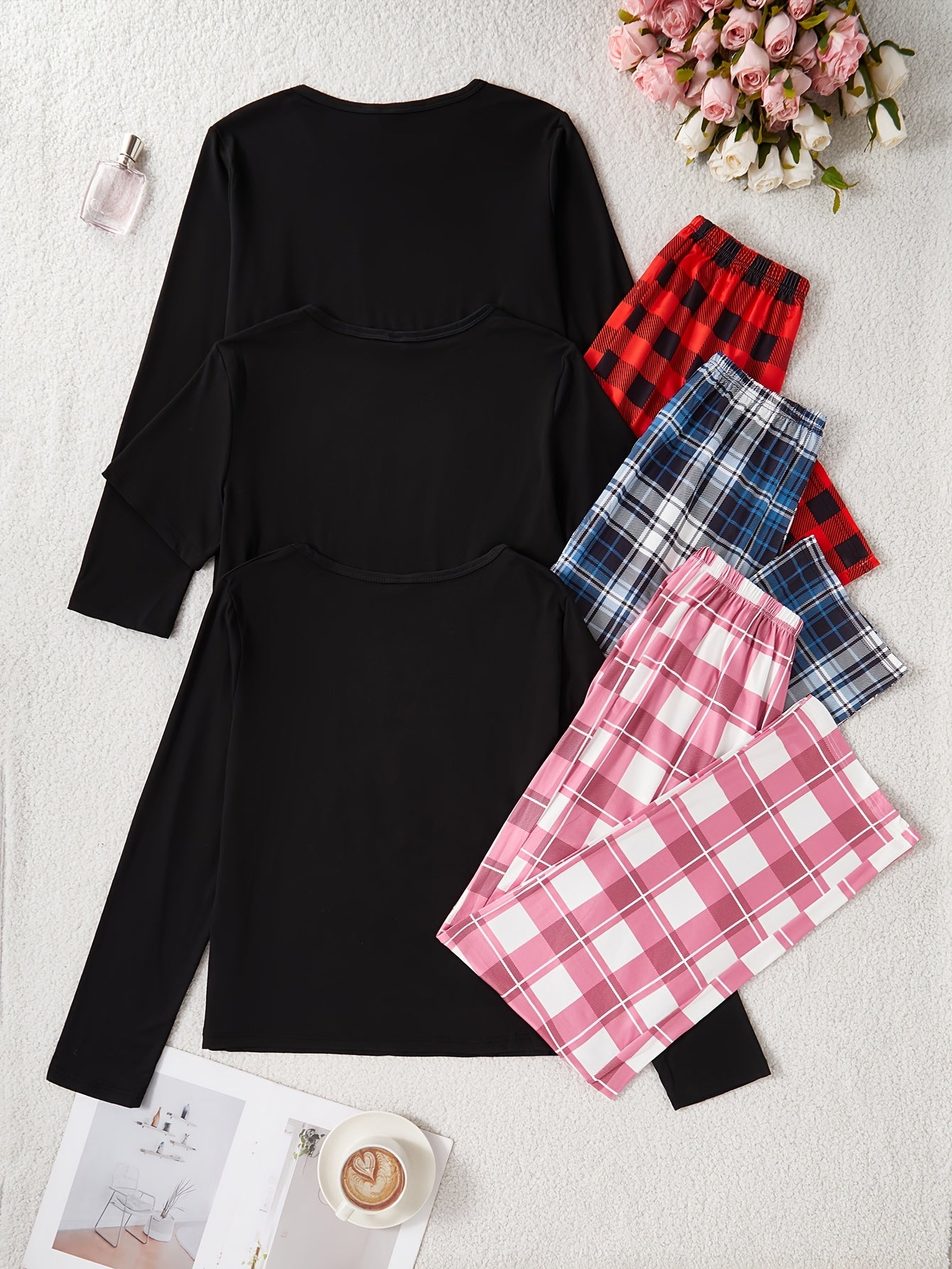 [New 6-Piece Pajama Set] New Women's Six-Piece Casual Pajama Set | Letter Print Long & Short Sleeve Tops with Plaid Pants Sleepwear Outfit