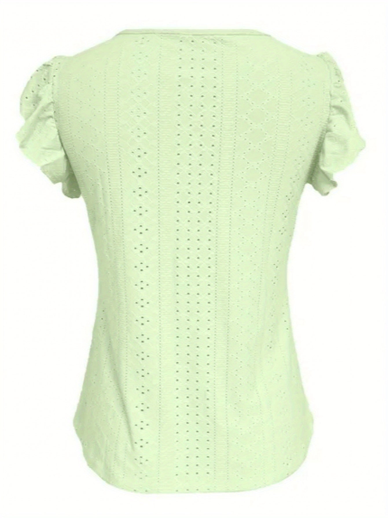 [Elegant Ruffled Top] Elegant Women's V-Neck Ruffled Short Sleeve Top | Eyelet Embroidered Jacquard T-Shirt with Decorative Buttons, Casual Spring & Summer Clothing