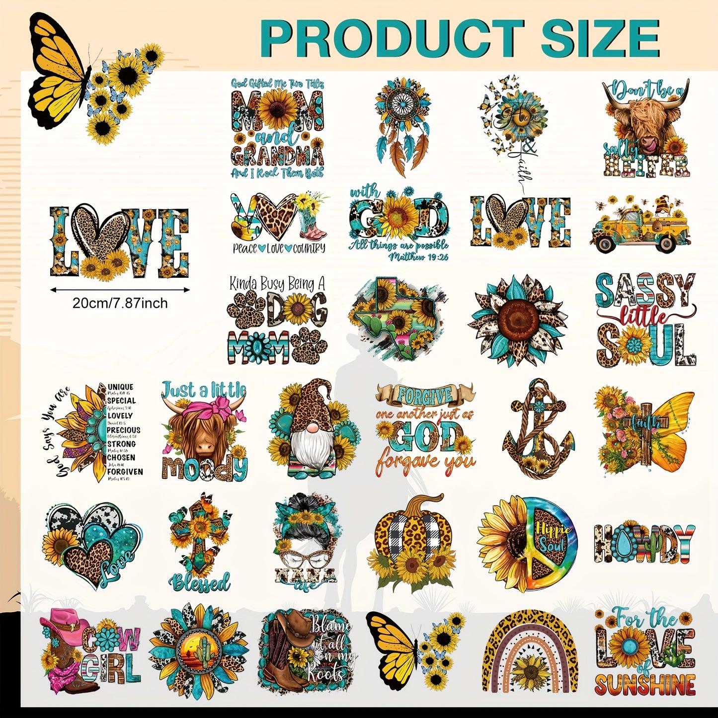 [Western Iron On Patches] 30pcs Western Iron On Transfers Patches | Cowboy Appliques, Sunflower Heat Transfers Sticker For T Shirts, Clothes, Bag, Pillow Covers - DIY Decorations