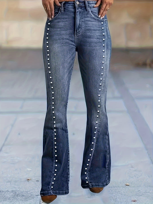 Women's High-Waist Slim Fit Stretch Bell-Bottom Jeans Pants with Studded details - 2025 New Style Flared Leg for all-Season Wear, Casual & Dressy Outfits (Machine Washable)