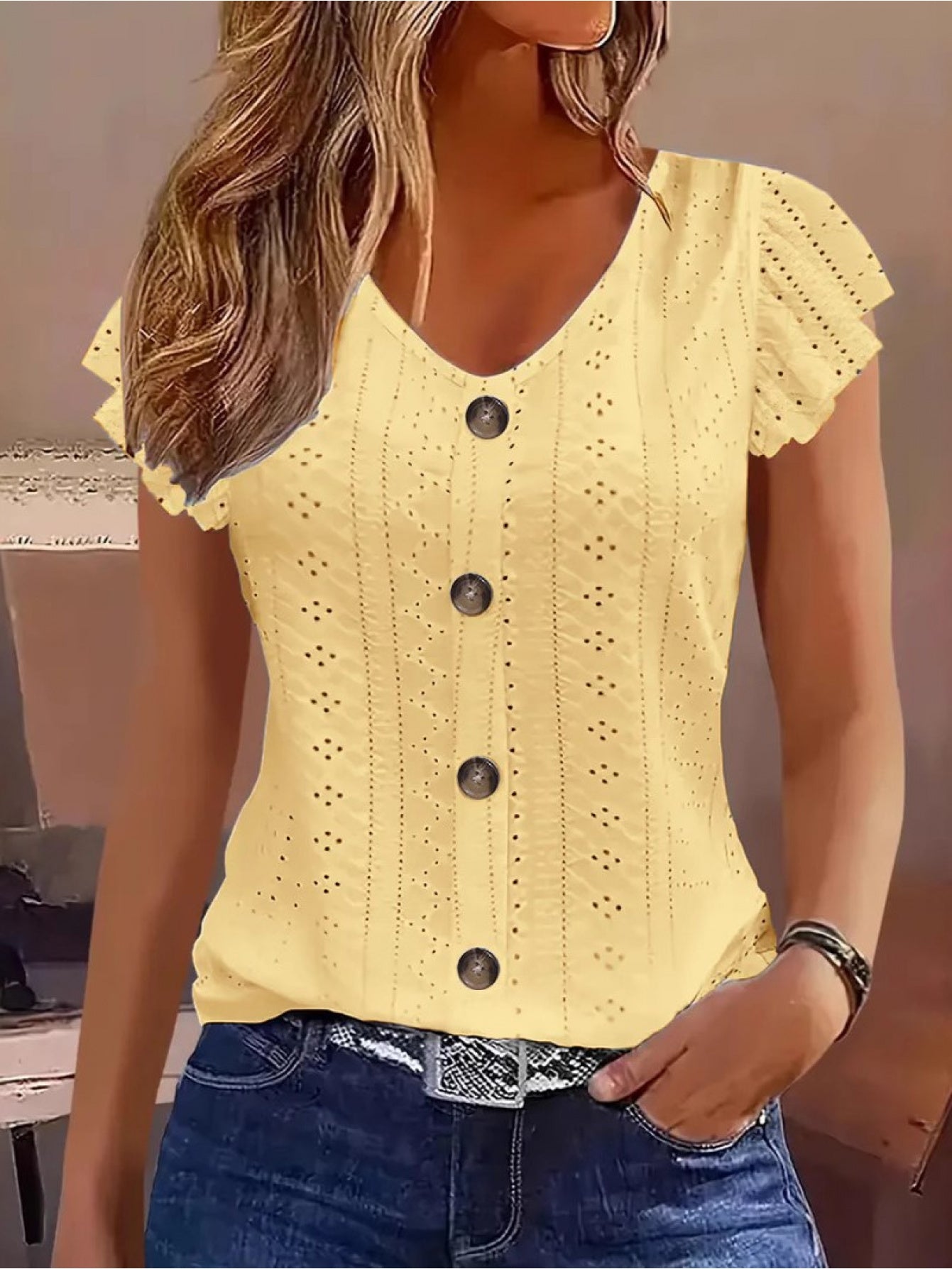 [Elegant Ruffled Top] Elegant Women's V-Neck Ruffled Short Sleeve Top | Eyelet Embroidered Jacquard T-Shirt with Decorative Buttons, Casual Spring & Summer Clothing