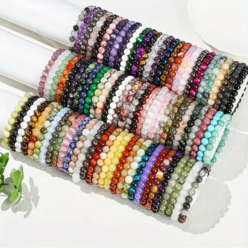 49pcs Handmade Stone Bead Bracelet- Multiple Colors Available, 8mm Elastic Beaded, Exquisite Style Valentine's Day Suitable