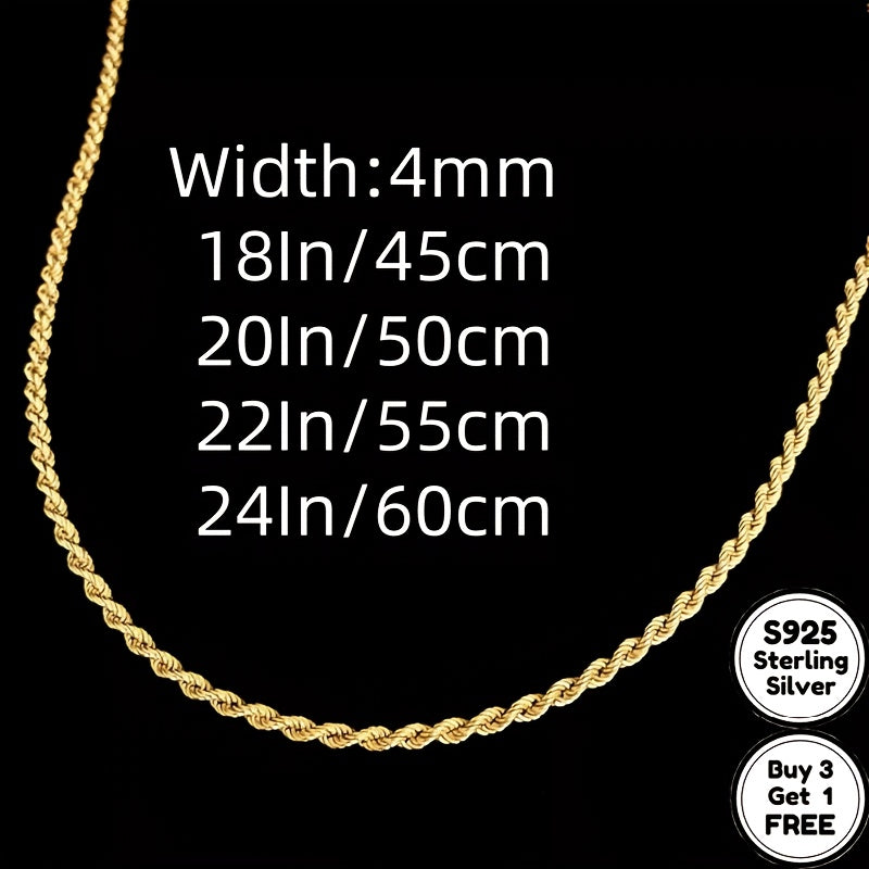 S925 Sterling Silvery 24k Gold Plated 4mm Twist Necklace, The Ideal Gift for Men, Women, Wives, Girlfriends, Mothers And Daughters On Anniversaries, Birthdays And Special Occasions (buy 3 Get 1 Free)