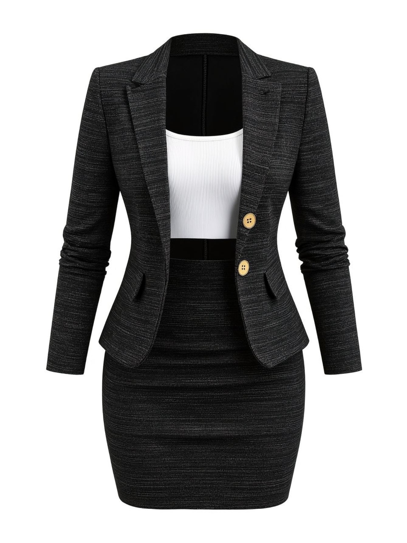2pcs Set: Dark Gray Blazer + Pencil Skirt Suit for Women | Stylish and Professional Design, Suitable for the Workplace and Formal Occasions