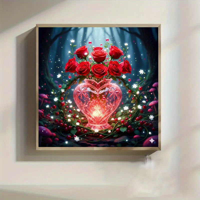 5D Diamond Painting Kit with Glowing Heart-Shaped Diamonds - Magical Forest Night Scene with Glowing Roses & Heart Centerpiece, Round Diamond Mosaic Wall Art Craft with Pre-Cut Table - Frameless for home Decor, Complete Set f