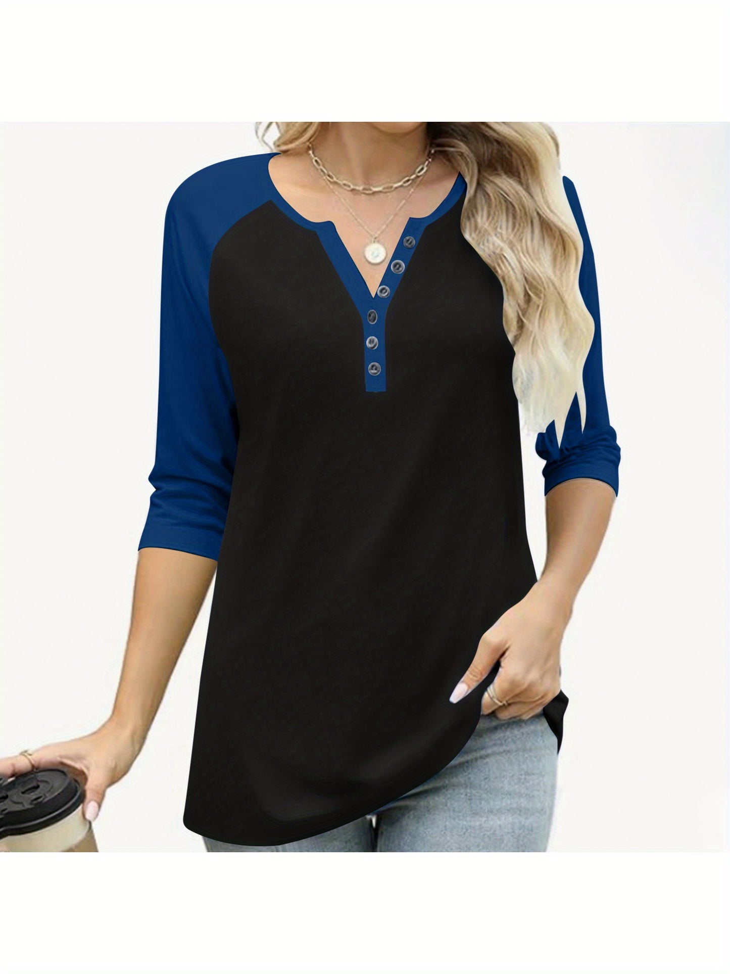 Womens Basic Casual Shirts Fashion Clothes Tops Button V-neck Three Quarter Sleeve 3/4 Sleeve Raglan T-shirt Loose Top