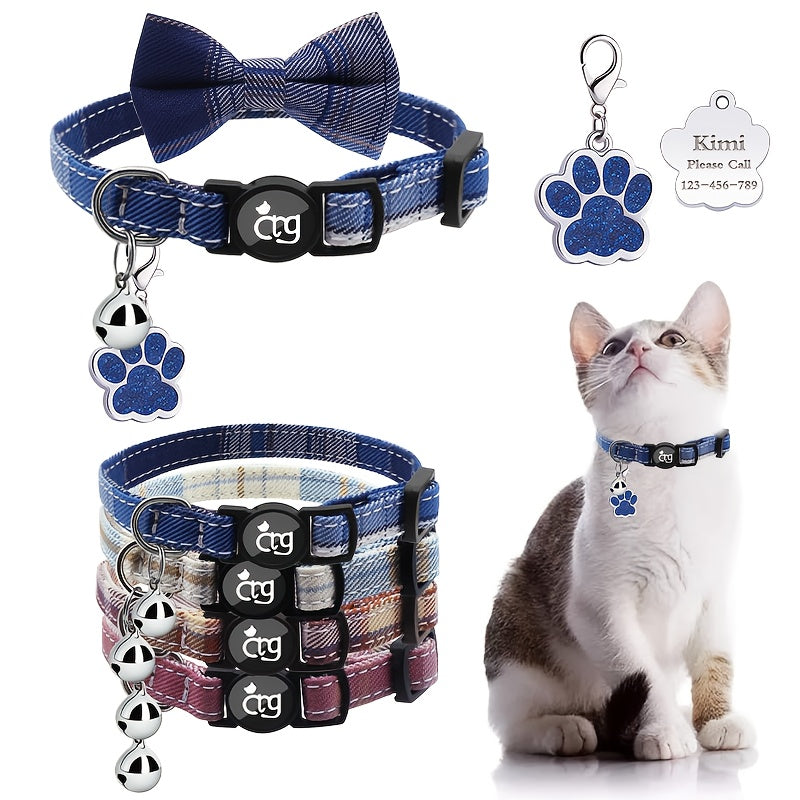 [Personalized Pet Collar] Personalized Metal Paw Tag Pet Collar | Custom Safe Buckle, Bow Tie, Nylon Material, Jazz Plaid Pattern, Bell - Ideal For Cats And Small Dogs, No Battery