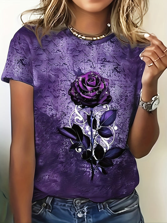 Women's Vintage Floral T-Shirt - Elegant Purple Rose & Butterfly print Blouse, Stretchy Polyester-Pandex Fabric Top for Fall Everyday & Formal Events, Casual Wear, Retro Chic Apparel
