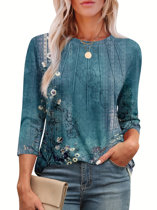 Women's Floral Print 3/4 Sleeve T-Shirt - Breathable Loose Fit Round Neck Top with Pleated Detail, Machine Washable Casual Shirt for Spring & Summer, Ladies T Shirts, Casual Attire Tee, Nontransparent Fabric, Summer Outfit, L